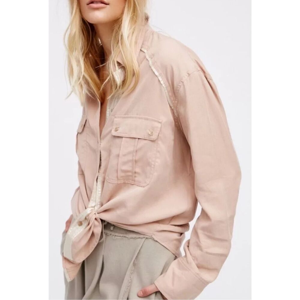 FREE PEOPLE Off Campus Button Down Top in blush pink silver trim